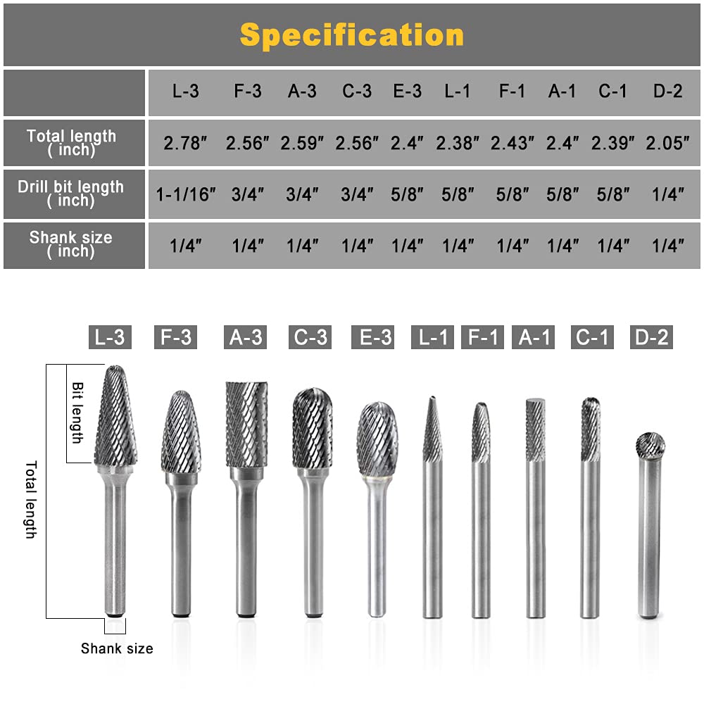 1/4" Shank 10pcs Double Cut Solid Carbide Rotary Burr Set