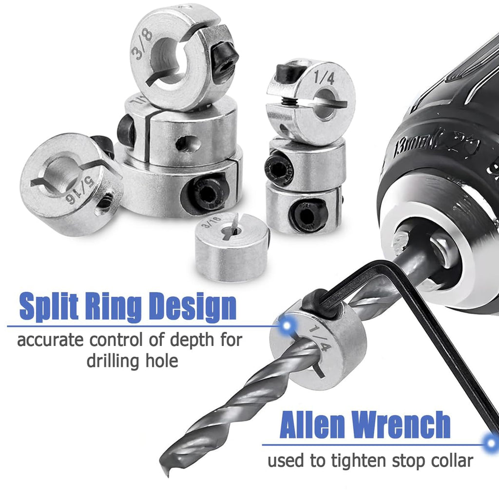 Wolfride Drill Bit Stop Collar Set, Drill Bit Depth Stop Collar Set Split Ring Clamping Shaft Collars Drilling Limit Ring 1/2", 7/16", 3/8", 5/16", 1/4", 7/32", 3/16", 1/8"