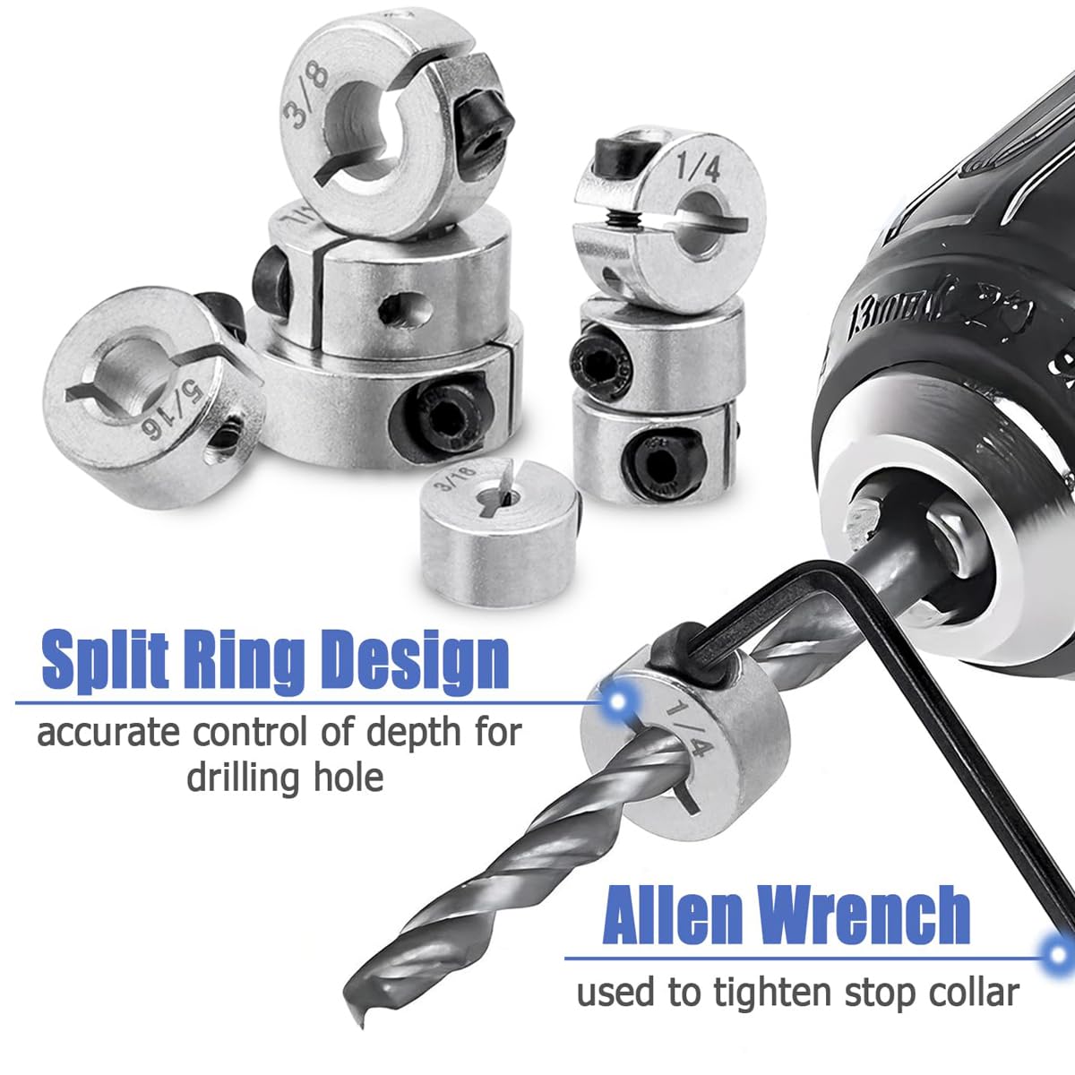 Wolfride Drill Bit Stop Collar Set, Drill Bit Depth Stop Collar Set Split Ring Clamping Shaft Collars Drilling Limit Ring 1/2", 7/16", 3/8", 5/16", 1/4", 7/32", 3/16", 1/8"