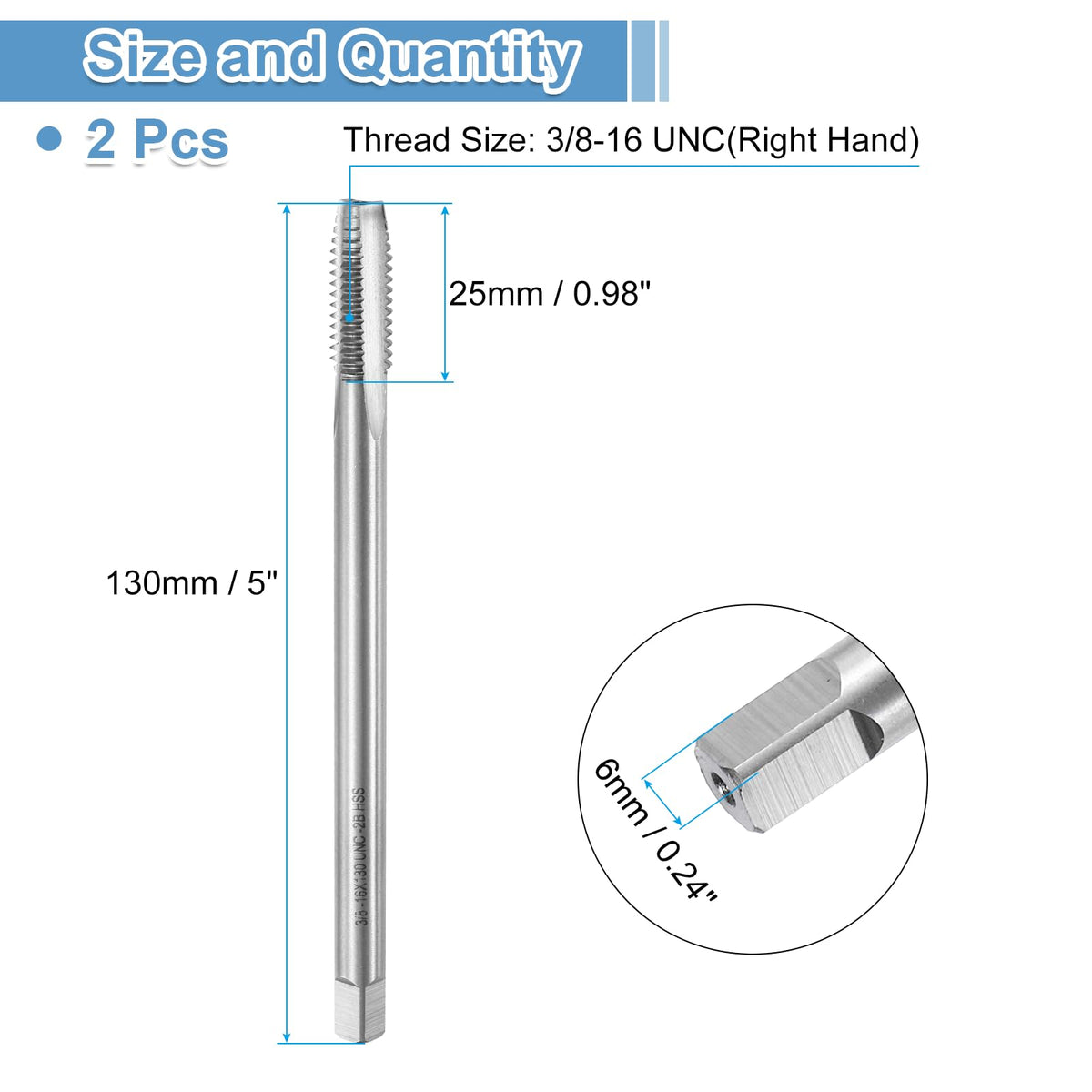 uxcell 2pcs Straight Flute Screw Taps 3/8-16 UNC 2B Thread 5" Extra Long HSS6542 Machine Threading Milling Tap Tapping Tools