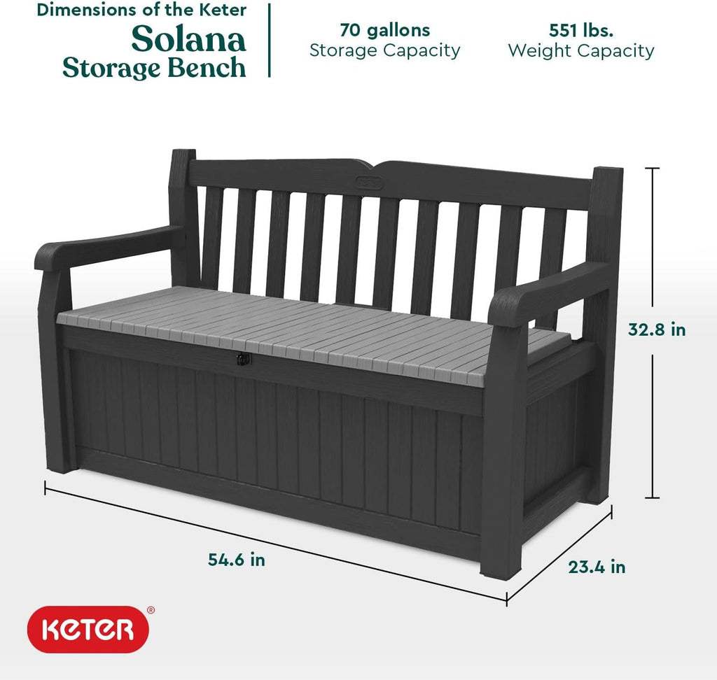 Keter Solana 70 Gal Outdoor Storage Bench for Patio and Pool Accessories | Grey, Resin, Seating, Weatherproof