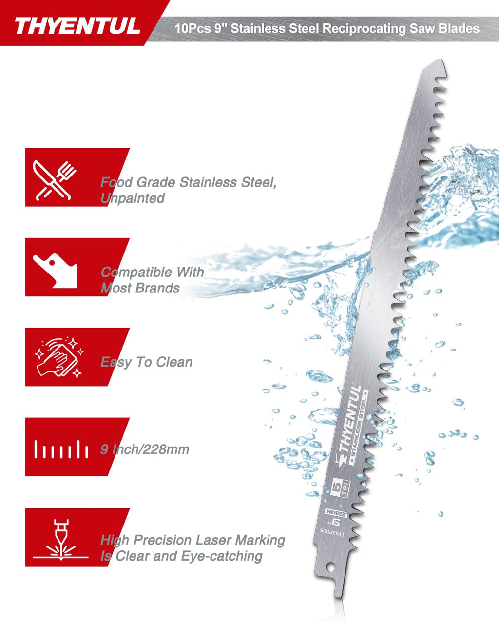 10 Pack 9 Inch Stainless Steel Reciprocating Saw Blades, 5 TPI Uncoated Sawzall Blades for Frozen Meat, Fish & Bone, Fleam Ground Teeth, Universal Fit