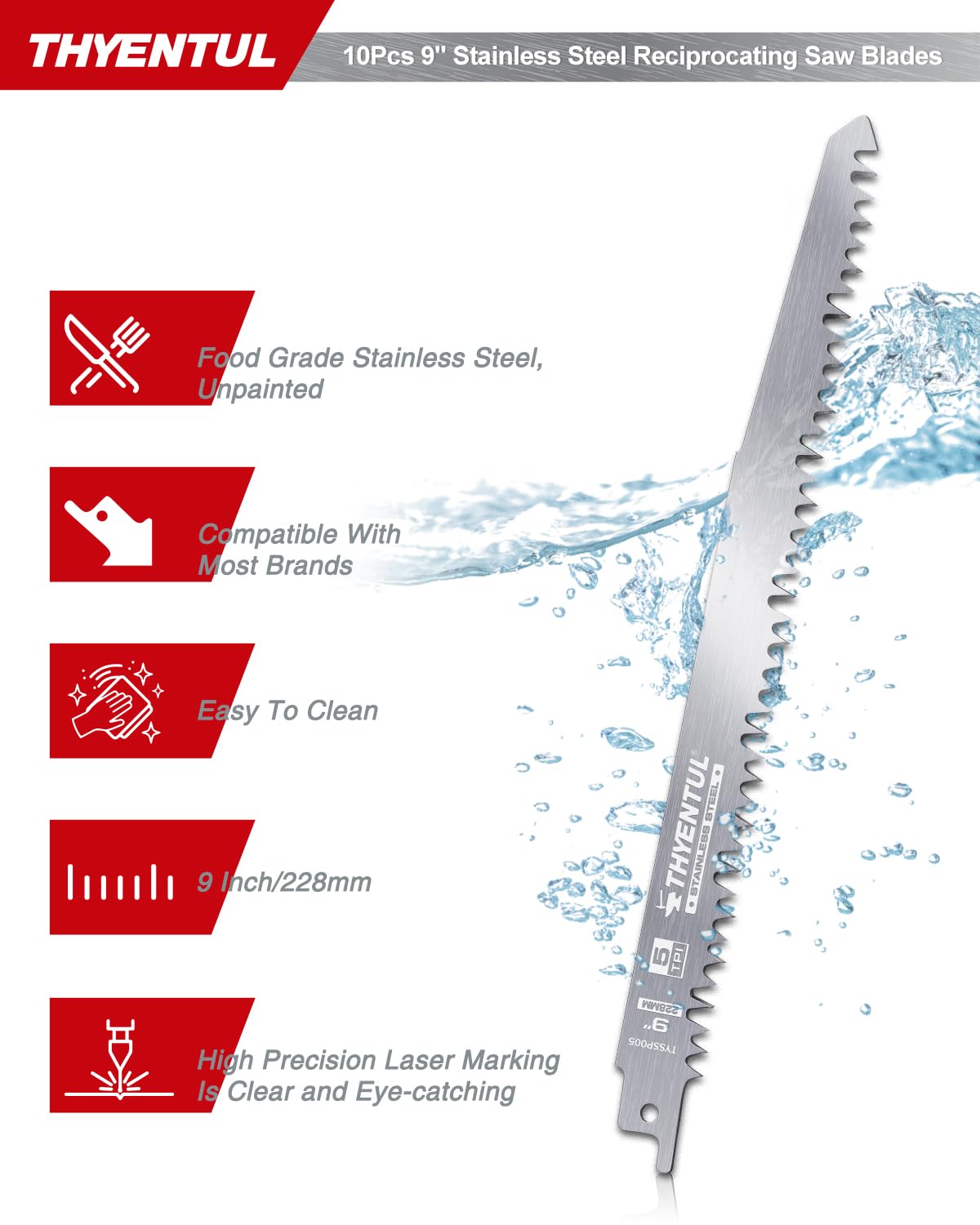 10 Pack 9 Inch Stainless Steel Reciprocating Saw Blades, 5 TPI Uncoated Sawzall Blades for Frozen Meat, Fish & Bone, Fleam Ground Teeth, Universal Fit