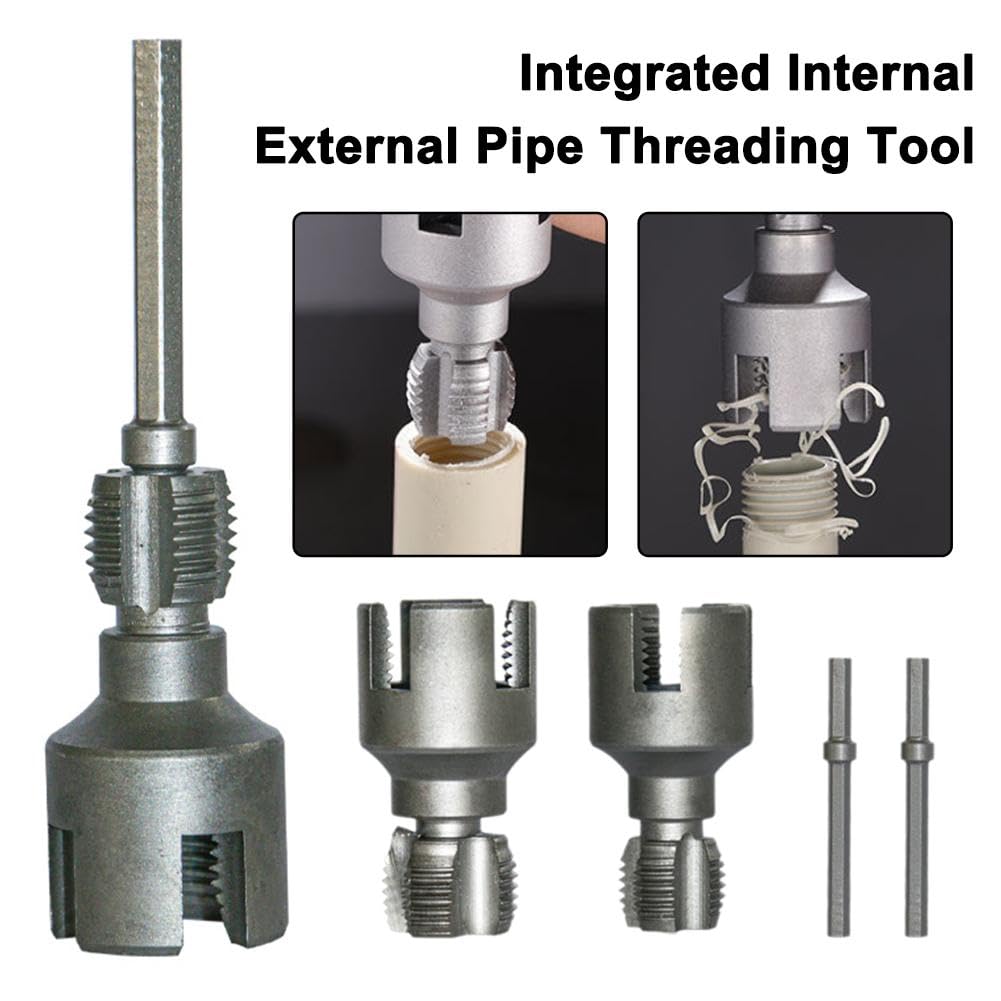 Integrated Internal & External Pipe Threading Tool, 1/2'' 3/4'' Dual-Function Pipe Thread Cutting Tool, Electric Drill Compatible PVC & Plastic Pipe Threader Kit Rethreading Tool Tap Die Set (2xAll)