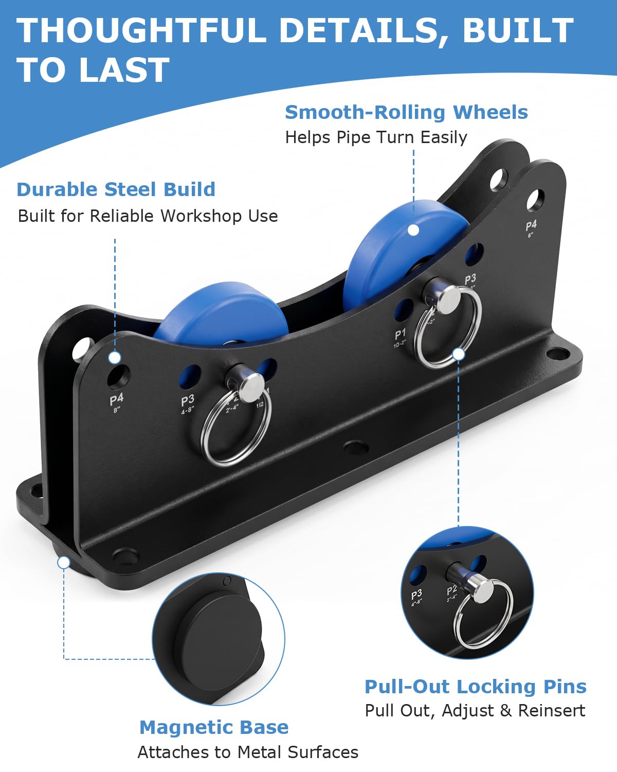 Magnetic Pipe Bevel Roller Tool for Welding & Fabrication, Heavy-Duty Metal Pipe Turning Stand with Adjustable Roller Positions, Supports 1/2" to 10" Pipes for Grinding, Beveling & Weld Preparation
