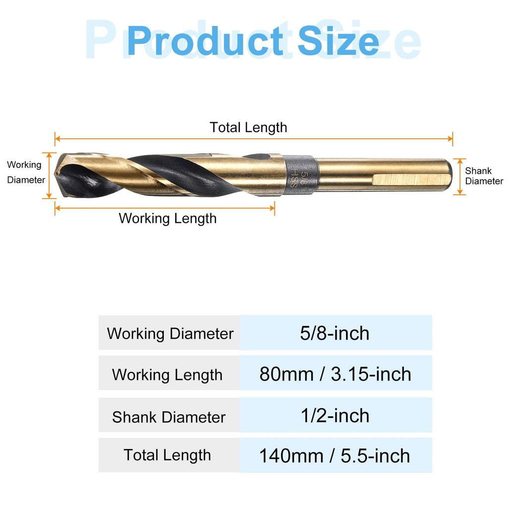 HARFINGTON Twist Drill Bit 5/8" Dia High-Speed Steel 4341 Metric Drill Bits 1/2" Shank 5.9" Overall Length with Black & Gold Oxide Coating for Drilling Hard Metals, Stainless Steel, Alloy