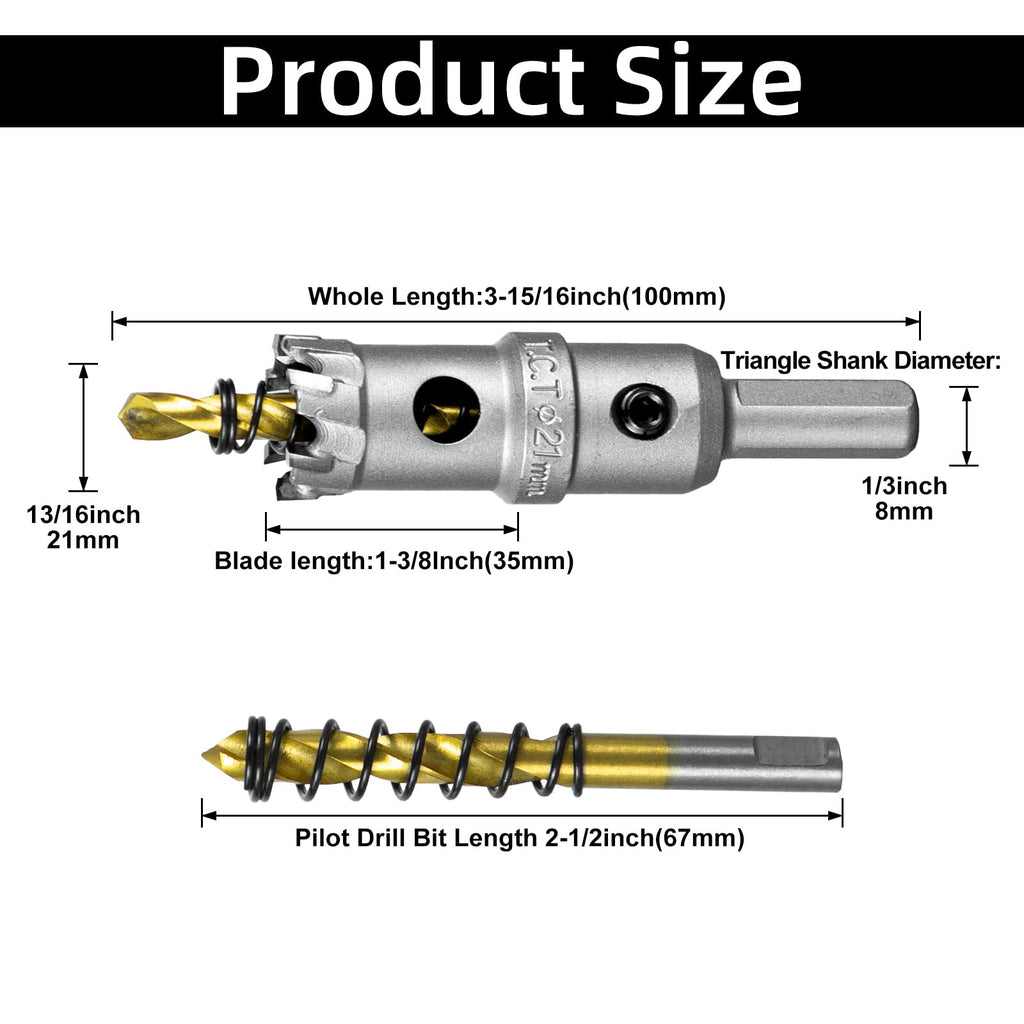 SALI 13/16" (21mm) TCT Hole Saw Kit Tungsten Carbide Tipped Hole Saw Drill Bit with Titanium-Plated Pilot Drill bit for Metal, Stainless Steel, Iron, Wood, Plastic 2pcs
