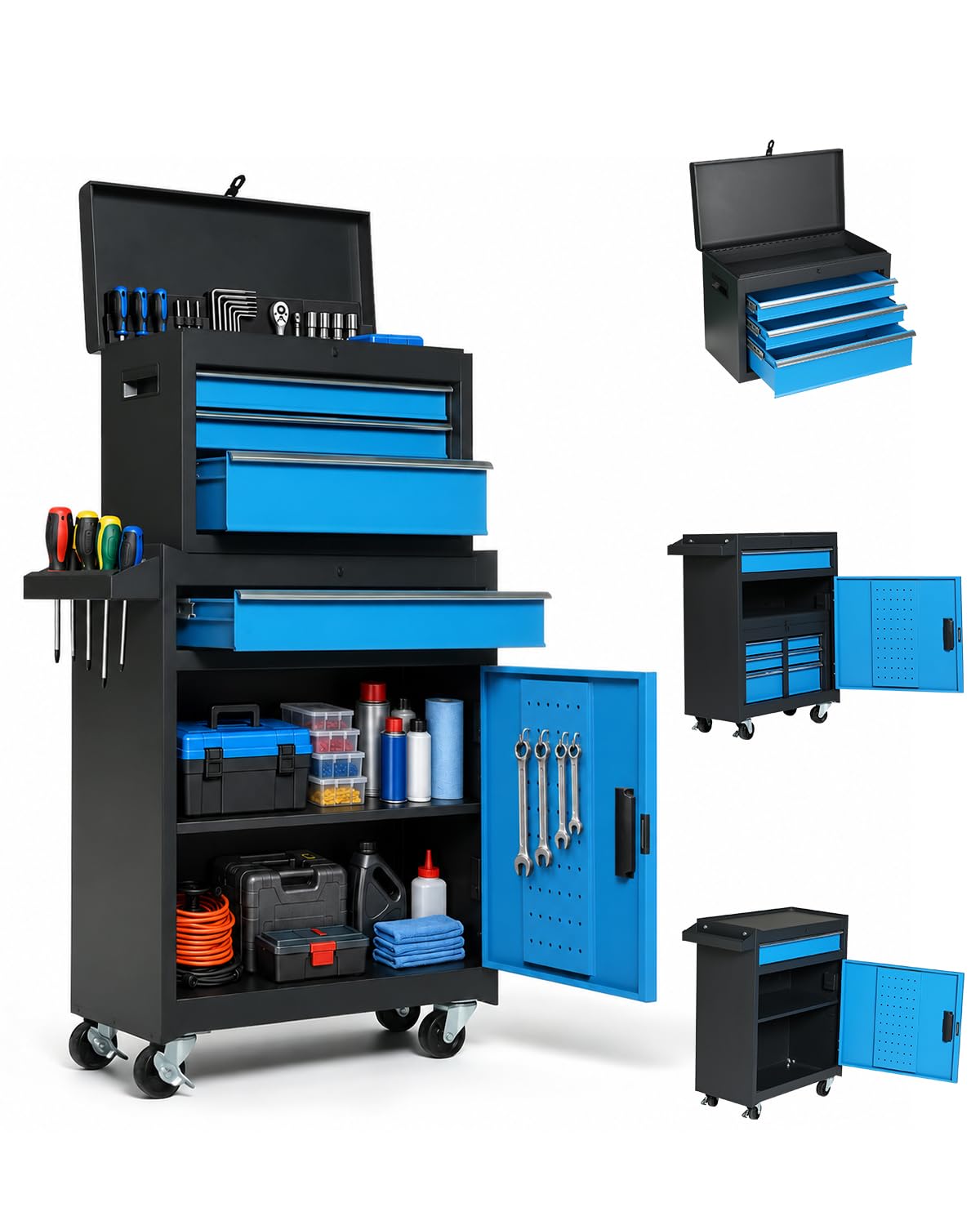 4-Drawer Rolling Tool Chest, 2-in-1 Storage Toolbox, Blue & Black