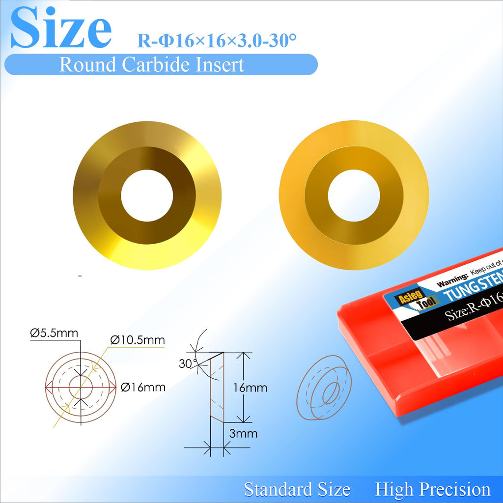 Asieg Tool Ci0 16mm Round TIN Carbide Inserts Cutters Knifes Titanium plating Indexable Replacement with Screws Fits For Full Pro Size DIY Wood Turning Finisher Hollower Tools Woodworking Lathe 10pcs