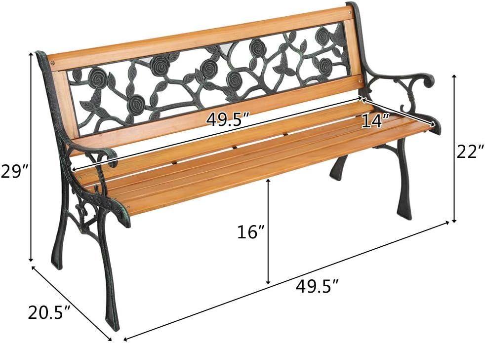 Outdoor Hardwood Garden Bench 49-Inch Patio Park Bench Elegant Porch Deck Loveseat w/Cast Iron Frame and Rose Pattern