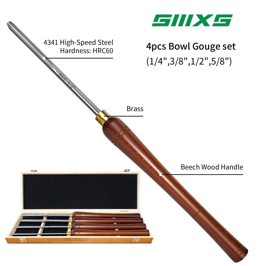 SIIIXS 4Pcs HSS Bowl Gouge Set, Wood Lathe Turning Chisels with Wooden Box