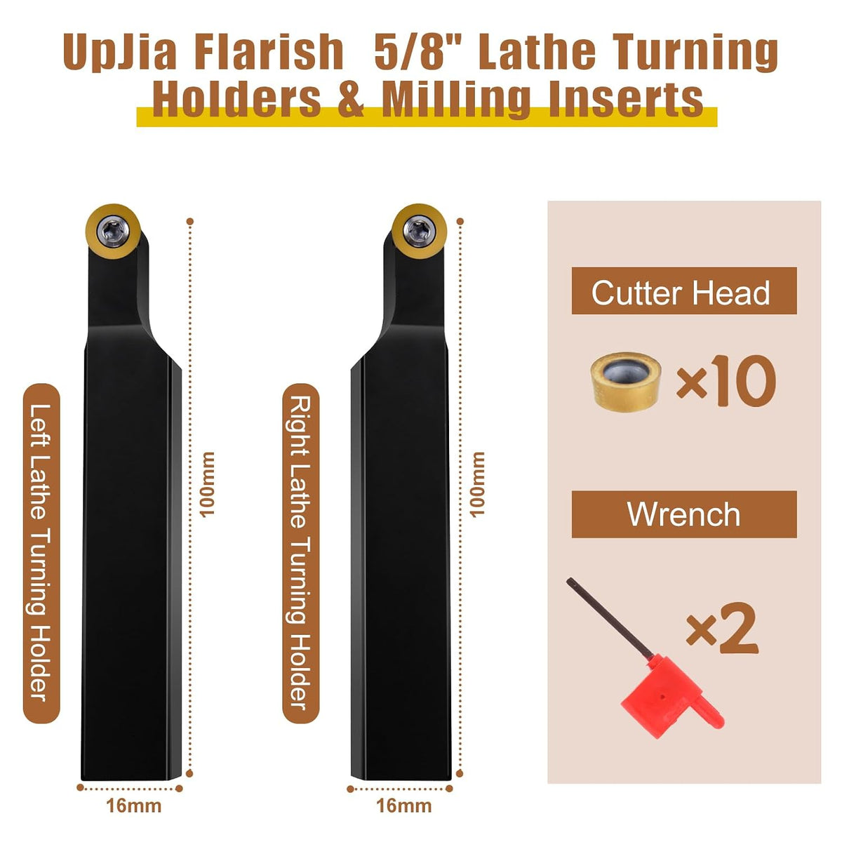 UpJiaFlarish Carbide Lathe Tool with Blade Holder - 5/8 inch SRAPR1616H10 & SRAPL1616H10 + 10pcs Carbide Inserts RPMT10T3 for Metal Lathe Cutting Tool