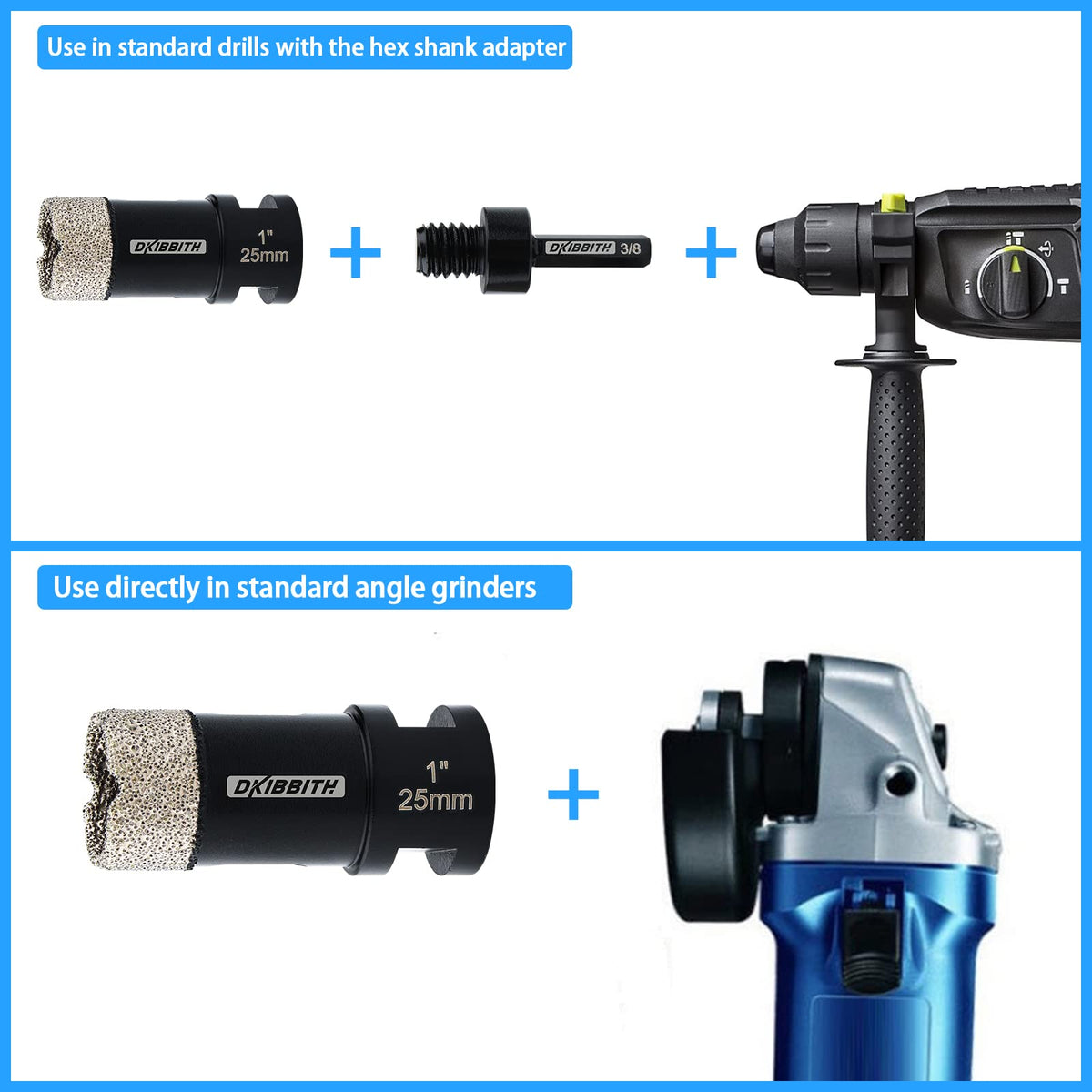 DKIBBITH 1 Inch Dry Diamond Core Drill Bits, 25mm Tile Vacuum Brazed Angle Grinder Hole Saw for Porcelain Ceramic Granite Brick Concrete with 5/8-11 Thread to 3/8” Hex Shank Adapter, Black