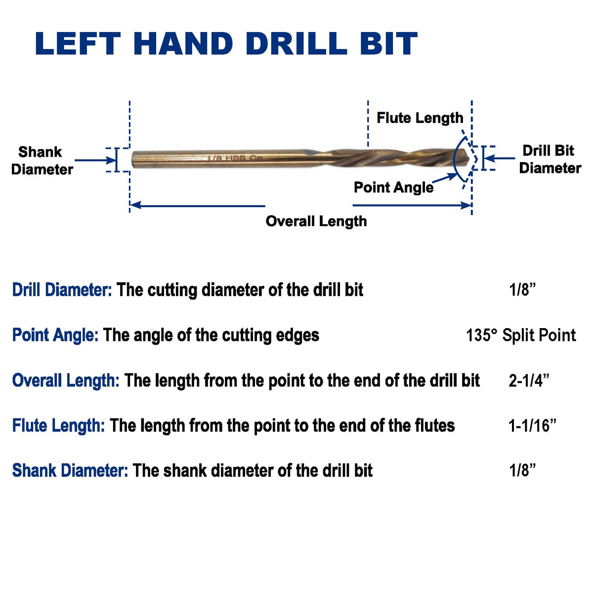 1/8-Inch Cobalt Steel M35 Left Hand Drill Bit, Pack of 6