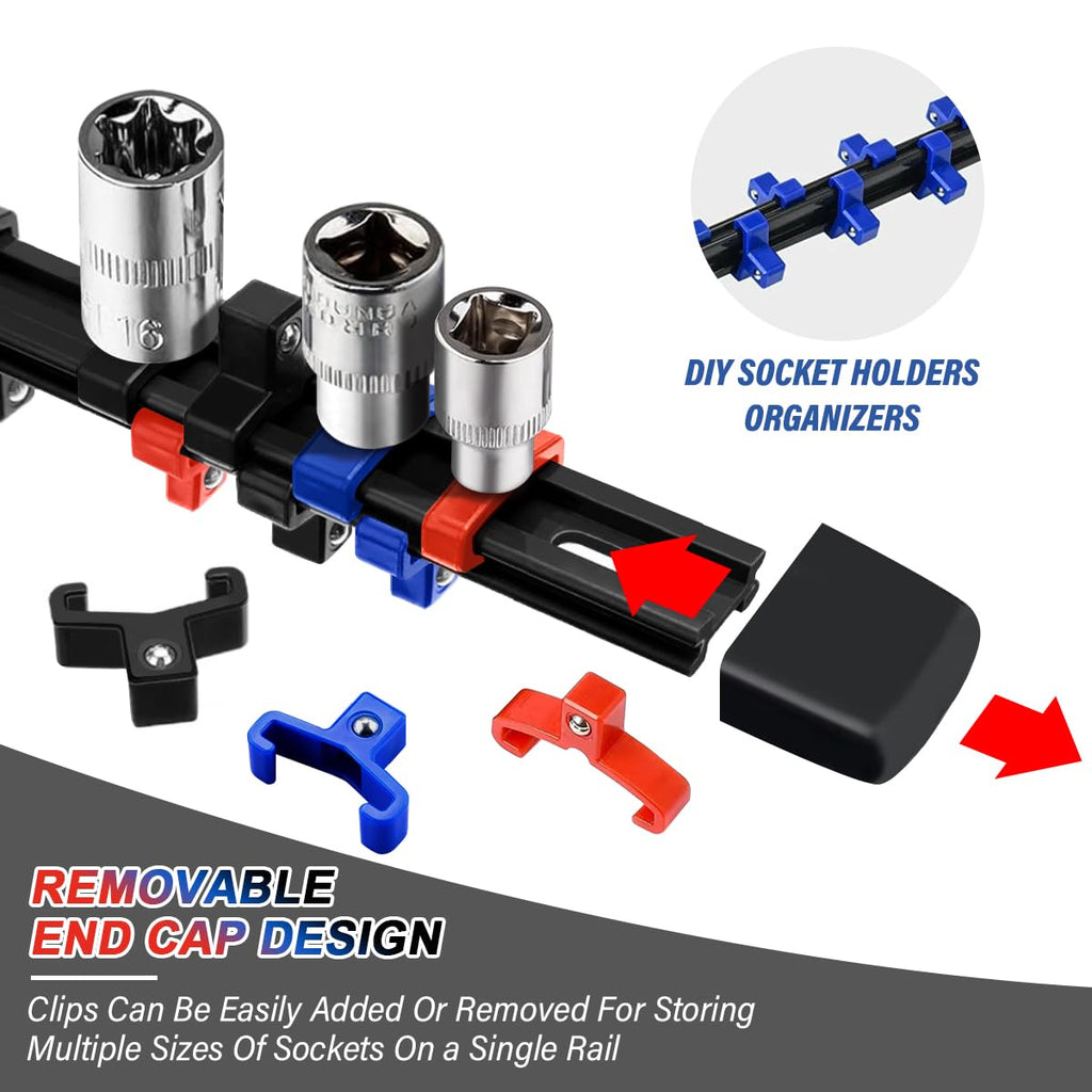 3-Pc Socket Organizer Rail Set, 43-Clip Socket Holder, 1/4, 3/8, 1/2 Drive