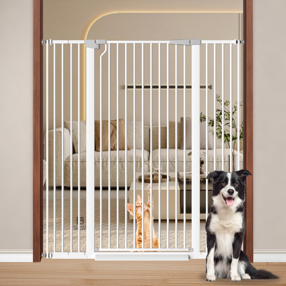 51.1" x 29.5-48.4" Extra-Tall & Extra-Wide Adjustable Hardware/Pressure-Mounted Pet & Child Safety Gate with Dual-Lock Walk-Through Swing Door for Stairs, Hallways & Wide Doorways