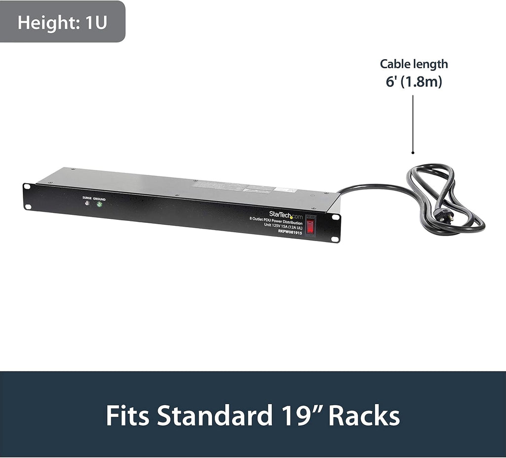StarTech 8-Outlet 1U PDU, 120V/15A, Surge, 6ft Cord, TAA (RKPW081915) | Power strip for network server racks, Surge
