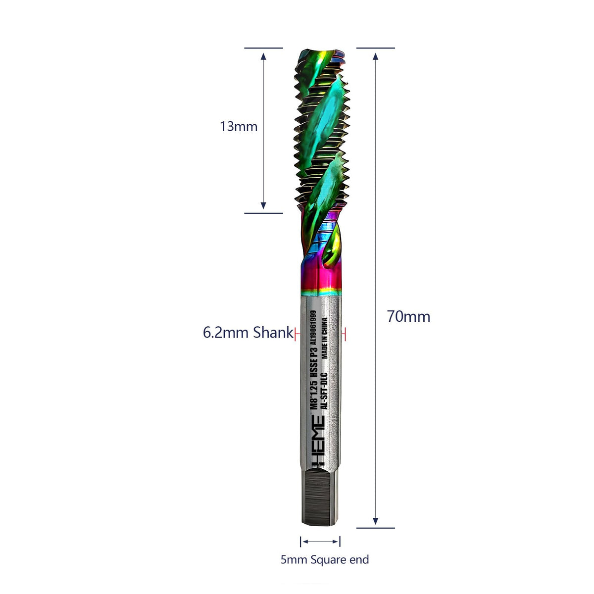 HEME Tools M8 x 1.25 DLC Coating Spiral Flute Thread Tap, Metric Machine Threading Tap High Speed Steel Cobalt(HSSCo), Round Shank with Square End, H2 Tolerance, 2pcs