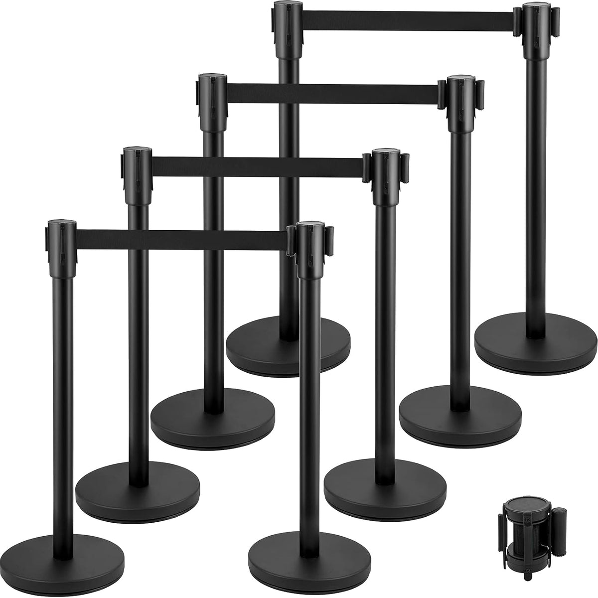 Crowd Control Stanchion, Set of 8 Pieces Stanchion Set, Stanchion Set with 6.6 ft/2 m Black Retractable Belt, Black