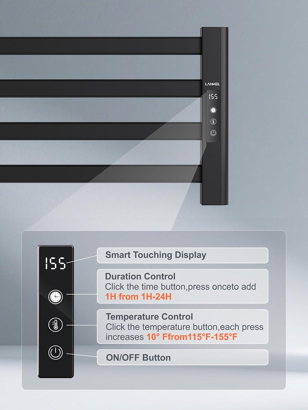 Towel Warmers for Bathroom, Wall Mounted Heated Towel Dryer Rack | 11.4" 4 Bars Black – IPX6, Touch Display, 24hr
