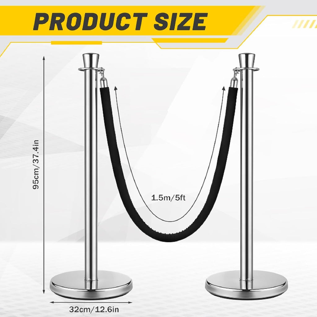 6 Pcs Stainless Steel Stanchion Post Queue with Crown Top 5 ft and 3 Pcs Velvet Rope and Poles Crowd Control Barriers
