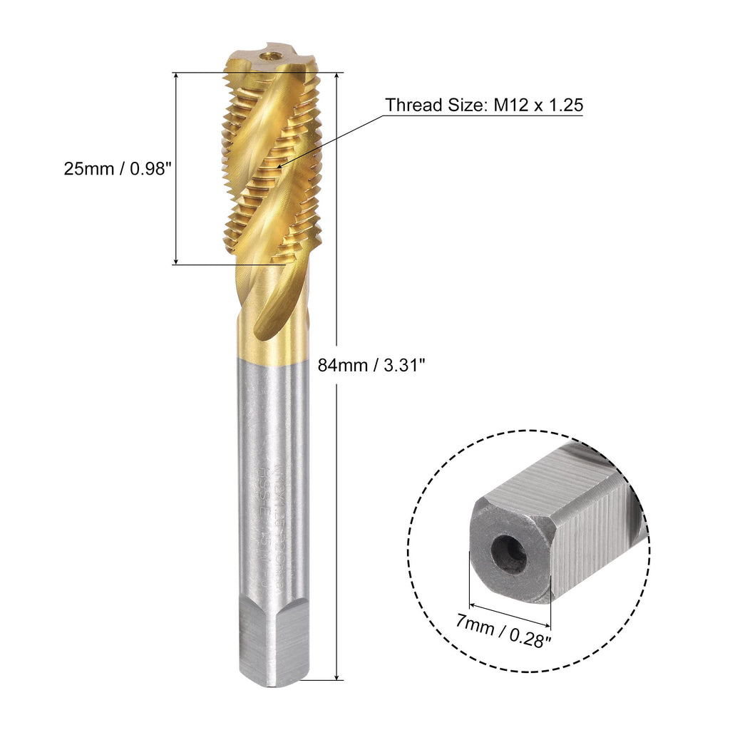 uxcell Spiral Flute Threading Tap M12 x 1.25, Metric HSS (High Speed Steel) Titanium Plated Machine Thread Screw Tap 4 Flutes Tapping Tool H2 Tolerance