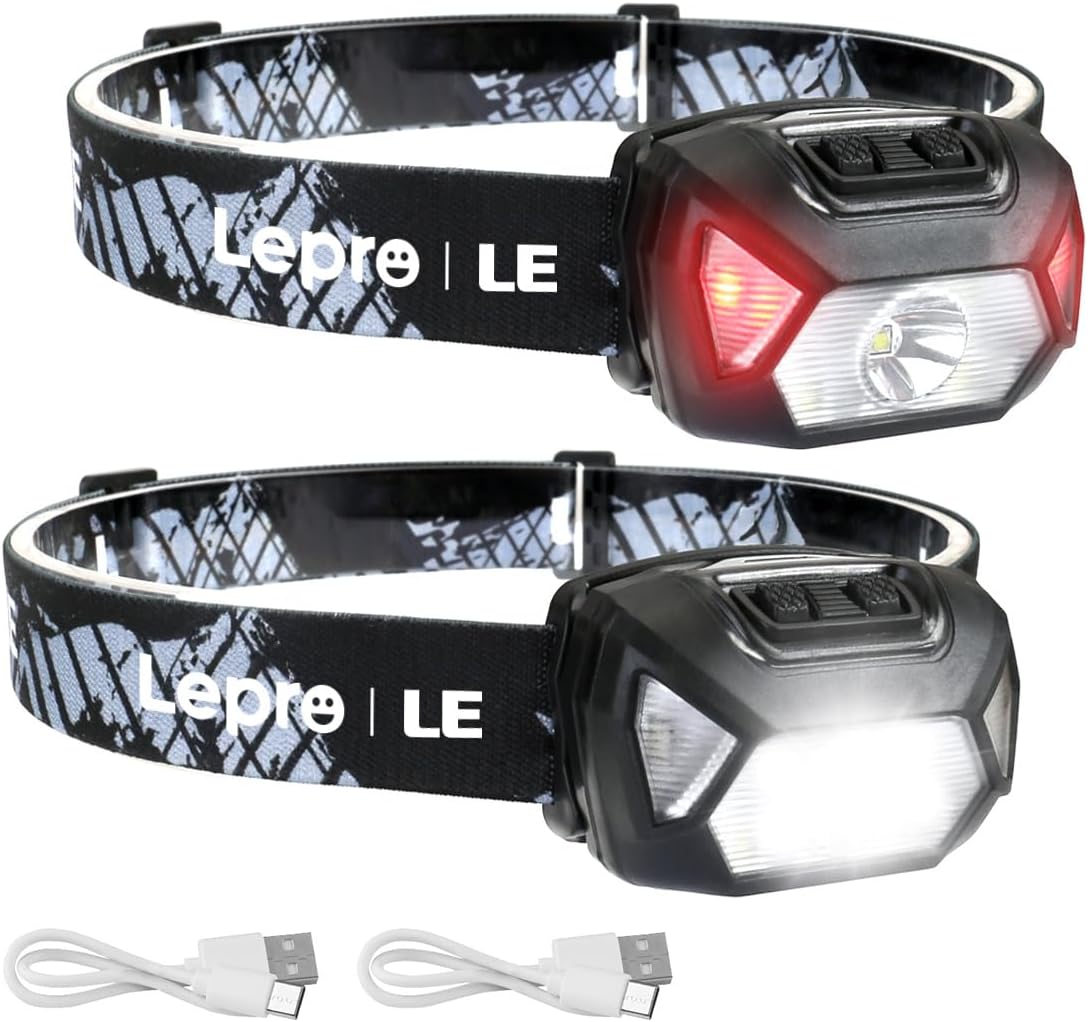 Rechargeable LED Headlamp Bright Waterproof Headlight 2 Pack - Black