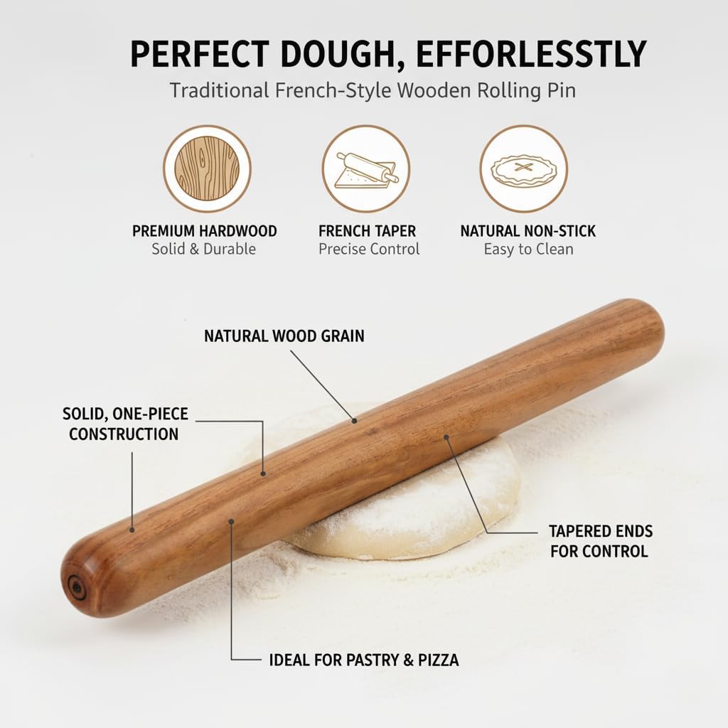 French-Style Rolling Pin, Premium Hardwood with Natural Wood Grain, 18 Inch Tapered Design for Pastry and Pizza