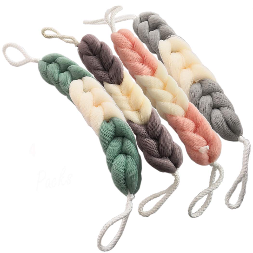 4 Packs Long Stretch Back Sponge with Rope Handles Back Scrubber Bath Shower Mesh Sponge Exfoliating Body Scrub