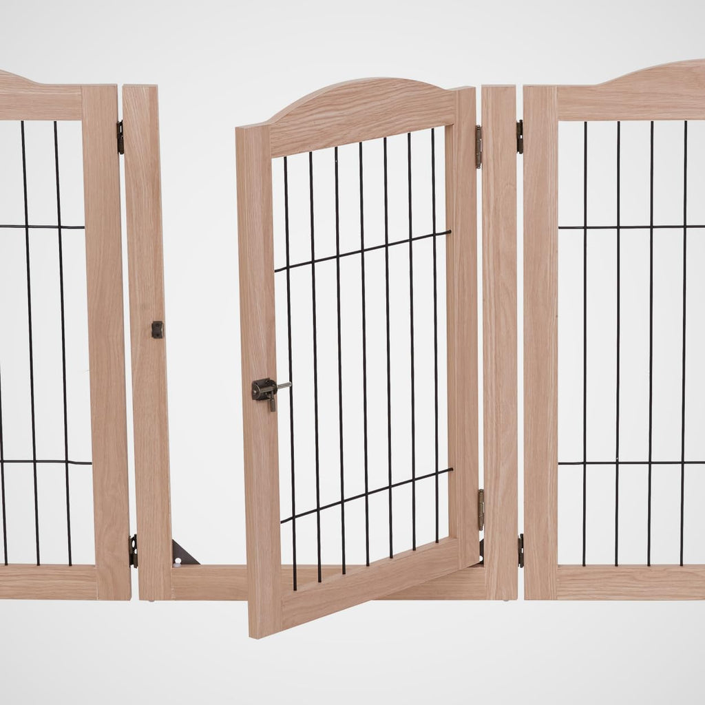 Freestanding Solid Wood 360° Configurable Pet & Dog Barrier Gate with Walk-Through Swing Door for Wide Indoor Openings, Hallways & Stairs