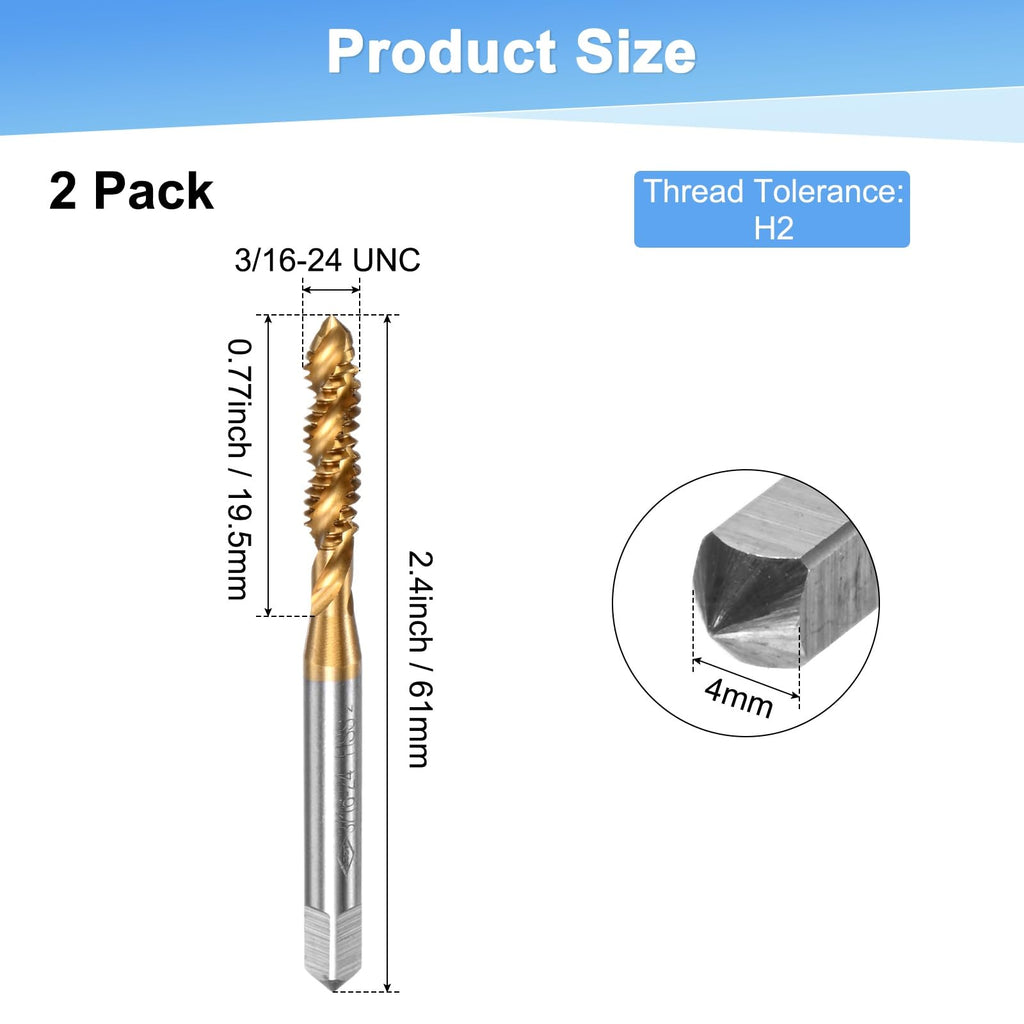 M METERXITY 2-Pack 3/16-24 UNC Spiral Flute Thread Tap, HSS Titanium Coated Right Hand Threading Tap Screw for Drilling/Milling Machines/CNC Machine Tools, Tapping Tool