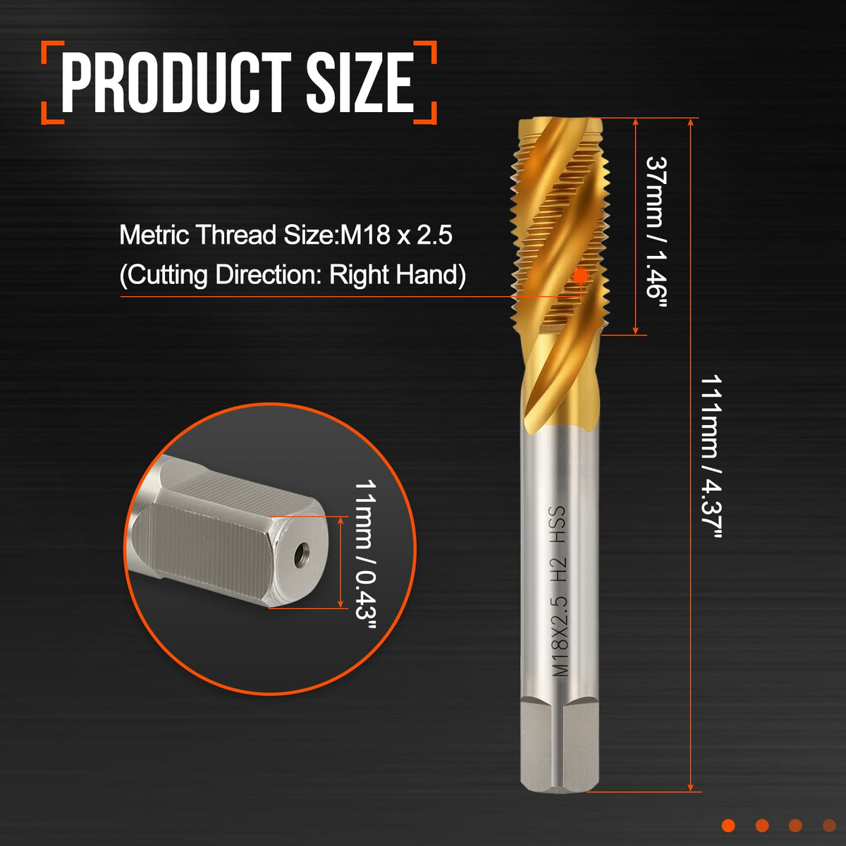 Workkyma M18 x 2.5 Spiral Flute Thread Tap M2 High Speed Steel Titanium