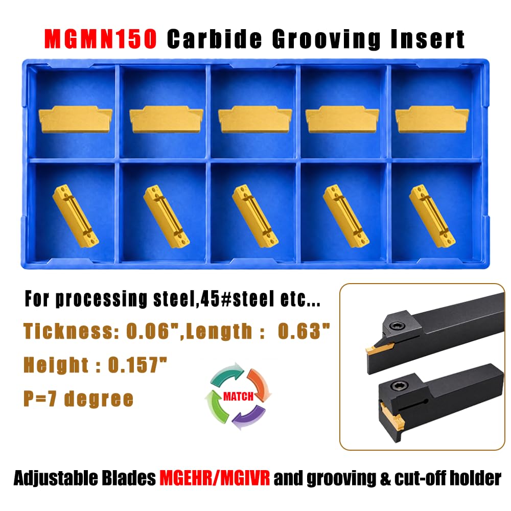 Maclix 10PCS MGMN150 Carbide Grooving Inserts, 1.5mm Grooving Parting Slotting Tool Blades for CNC Lathe, NC3020 Grade PVD Gold Coated Cut Off Inserts for Steel, Fits MGEHR MGIVR Holders
