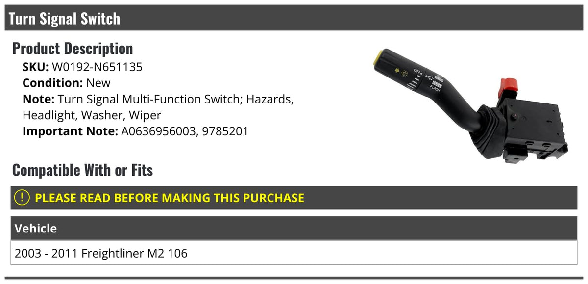 Turn Signal Switch - Compatible with 2003-2011 Freightliner M2 106