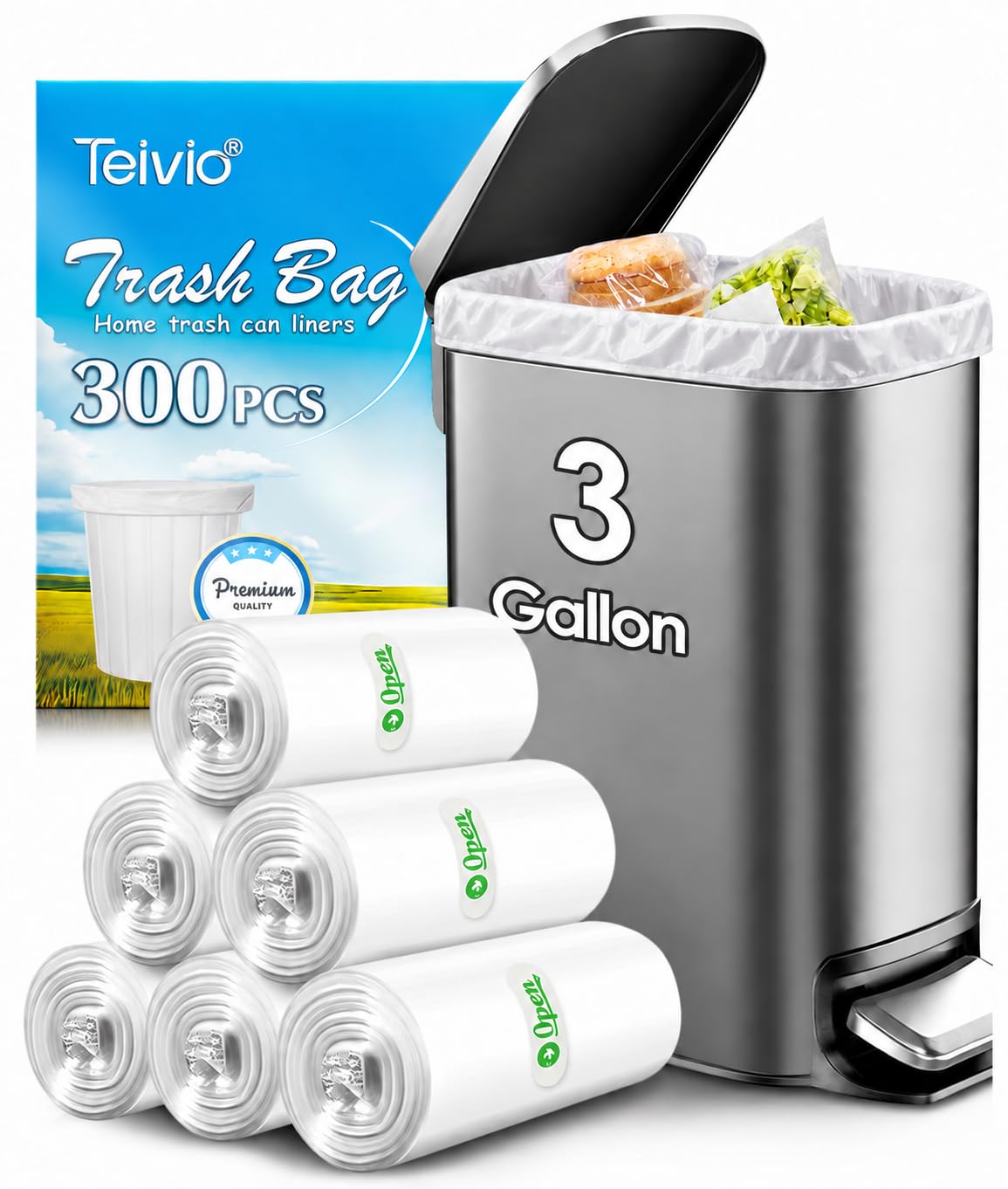 Small Clear Trash Bags 3 Gallon 300 Count Unscented Garbage Bags