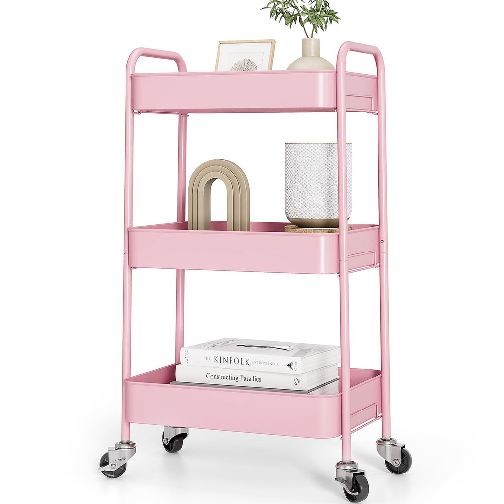 3 Tier Metal Rolling Cart, Utility Storage Cart with Wheels, Pink