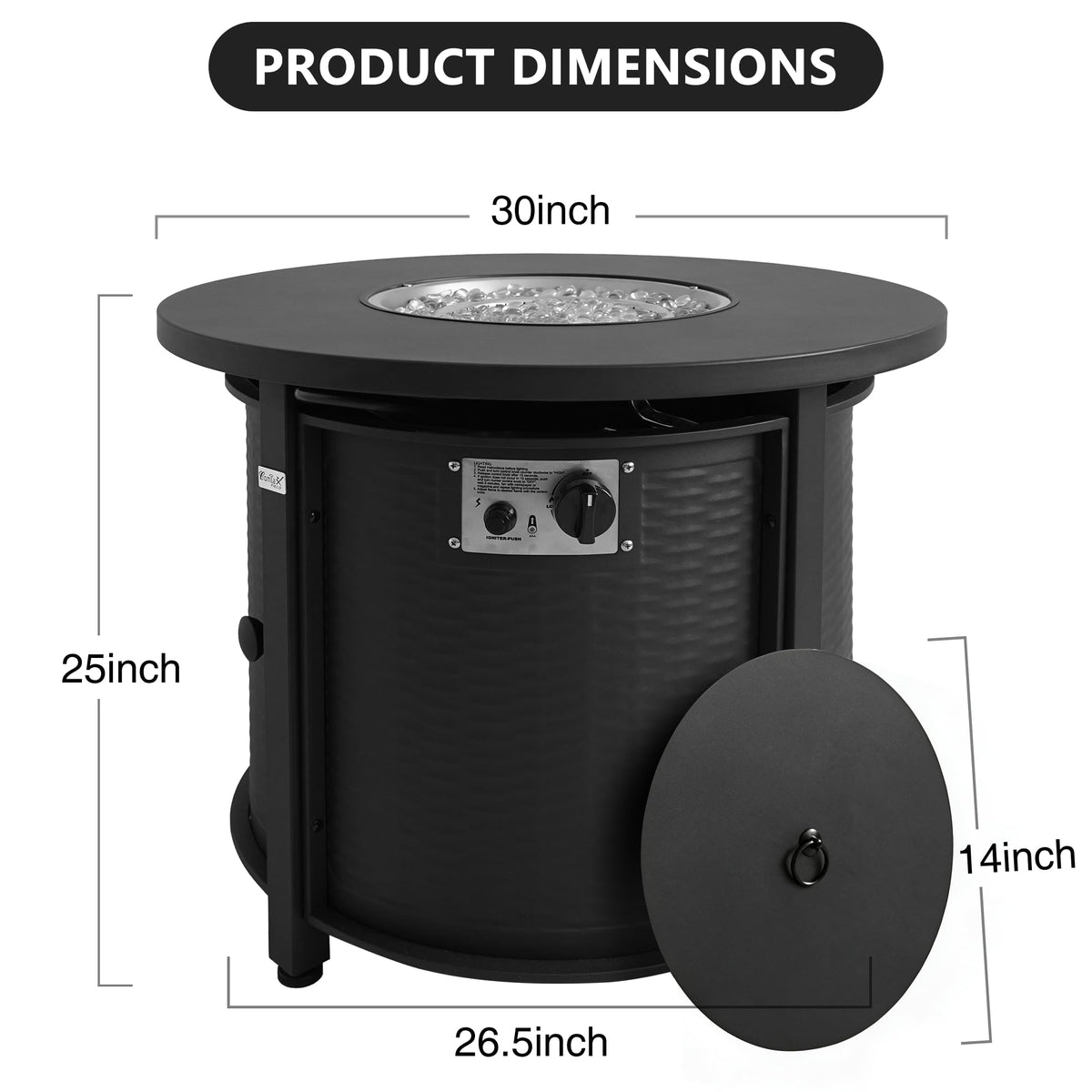 Outdoor Round Propane Fire Pit Table, 50000 BTU, Black