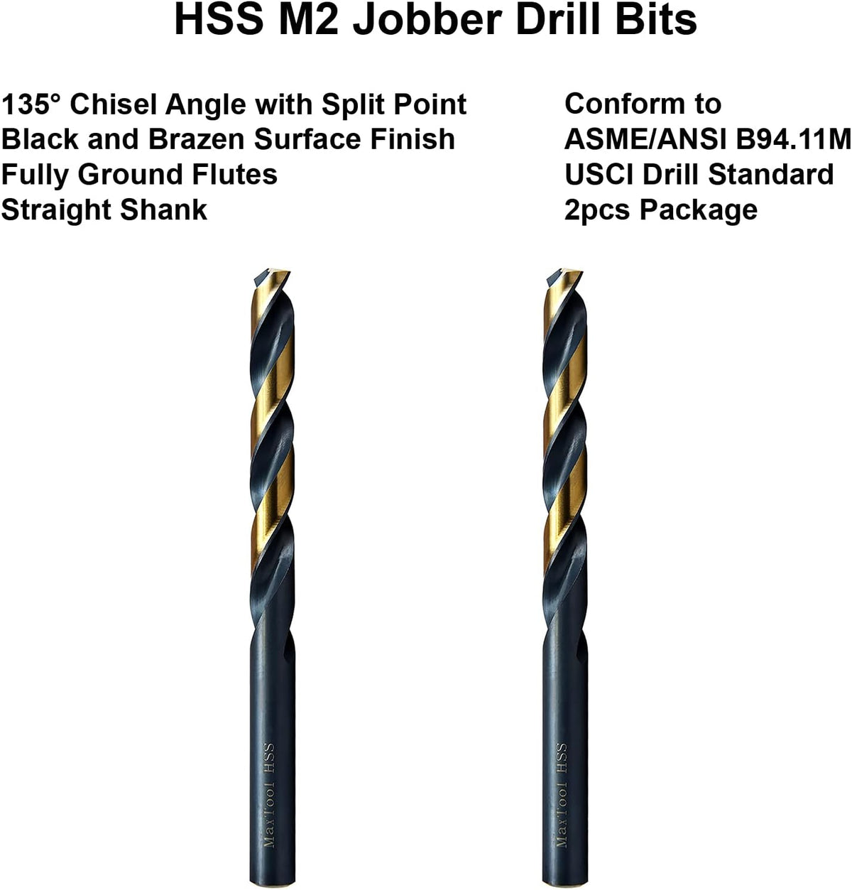 MAXTOOL Letter W 2pcs Identical Jobber Length Drills Dia 0.386" HSS M2 Twist Drill Bits Fully Ground Black-Bronze Straight Shank Drills; JBL02H10RWP2