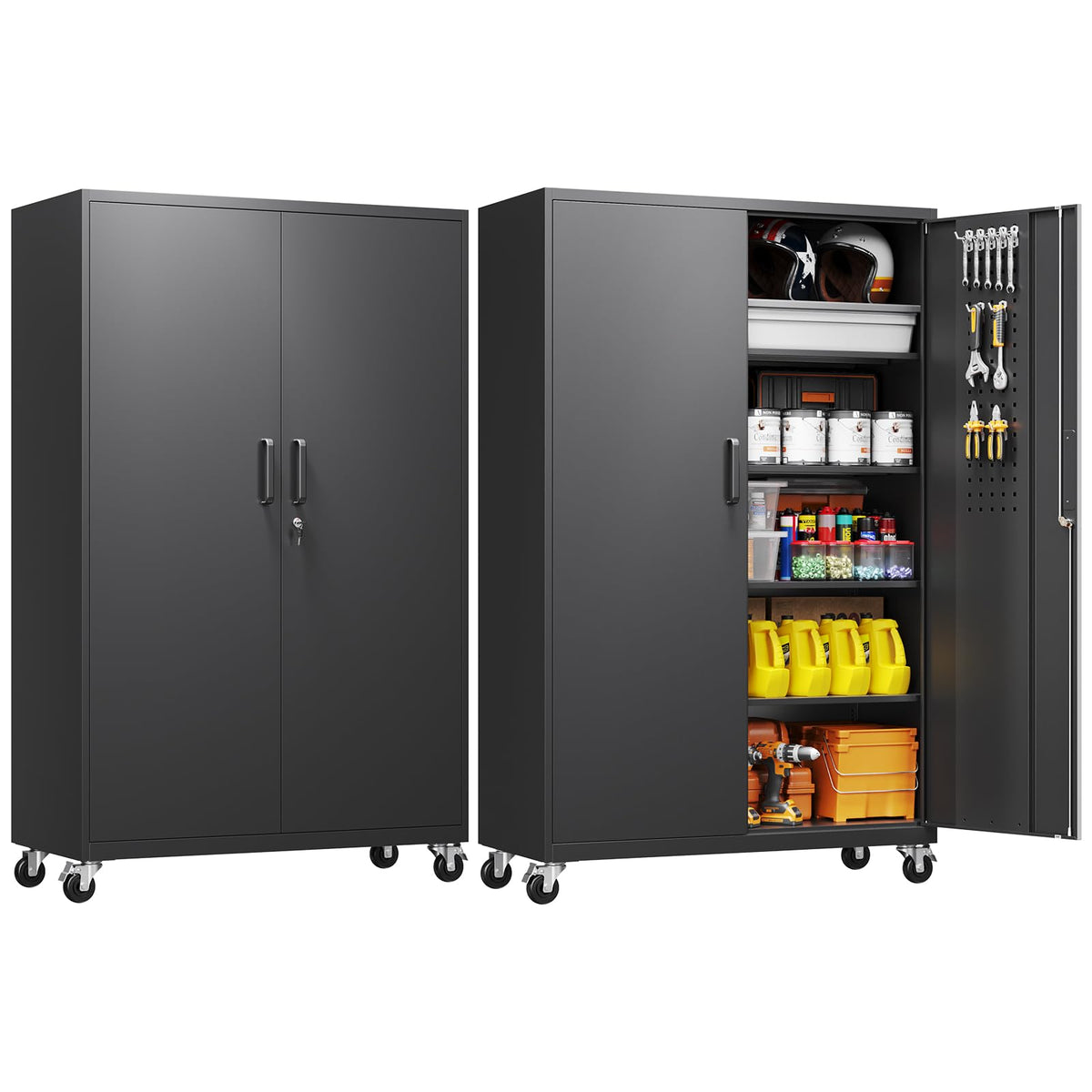 Metal Garage Storage Cabinet with Locking Doors and Adjustable Shelves,- 71" Rolling Steel Tool Cabinet for Home