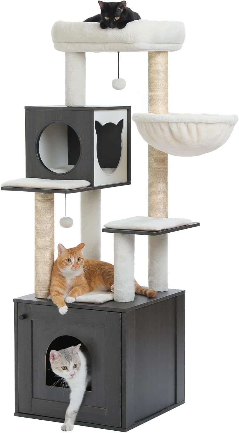 57.5" Cat Tree with Litter Box Enclosure for Large Indoor Cats