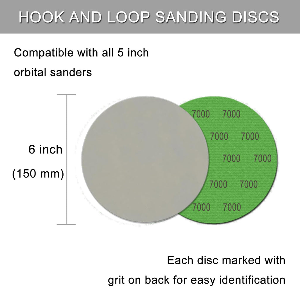 6 Inch 50 Pcs Wet Dry Hook and Loop Sanding Discs, No Hole, 7000 Grit