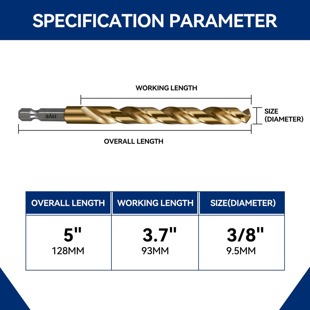 SALI Cobalt Drill Bit Set,3 Pack 3/8 Inch High Speed Steel Hex Shank Jobber Drill Bits, for Hardwood, Aluminum,Metal,Copper,Alloyed Steel