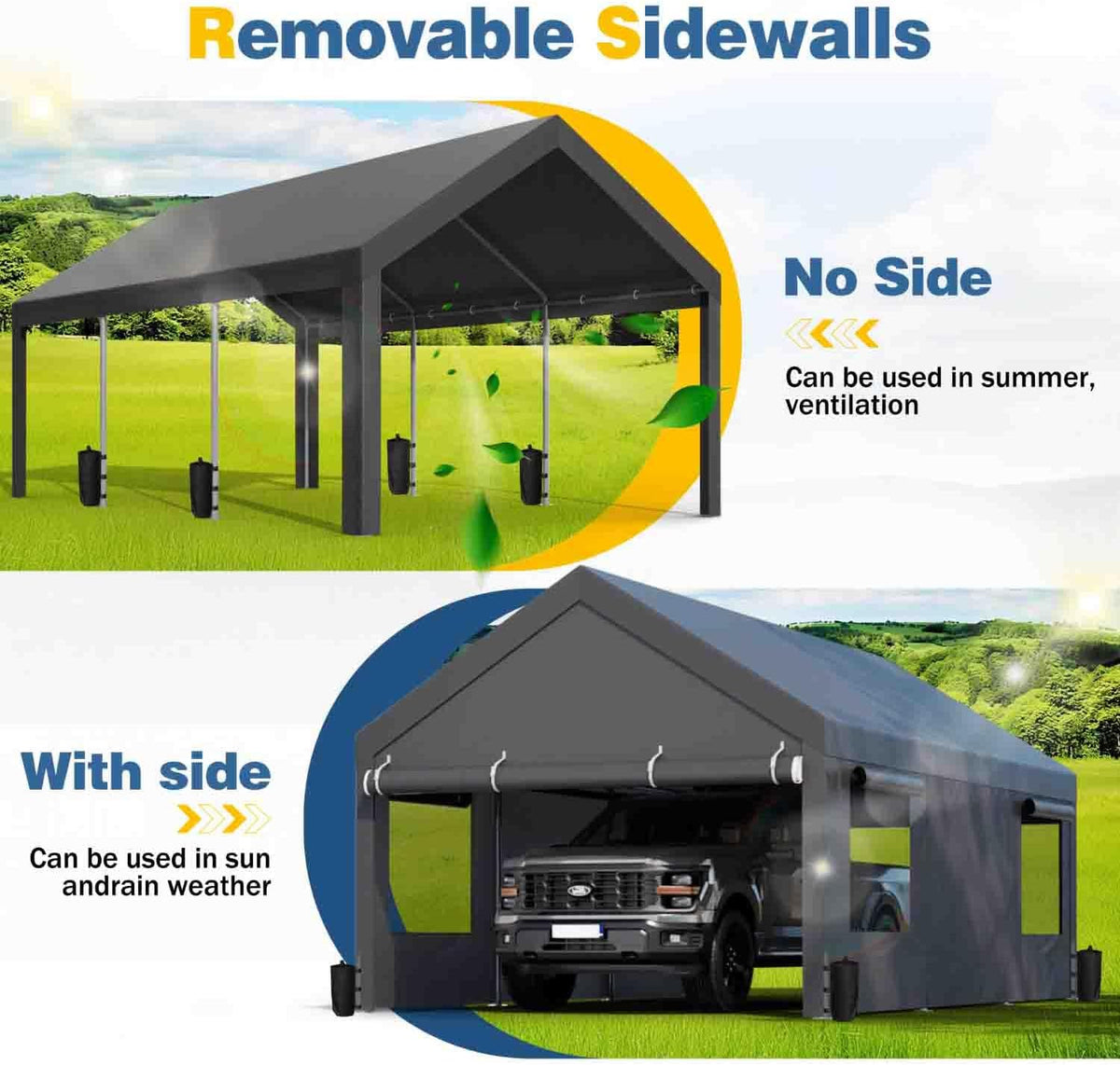 12x20 ft Carport, Heavy Duty Carport with Roll-up Windows, Portable Garage with Removable Sidewalls & Doors, Car