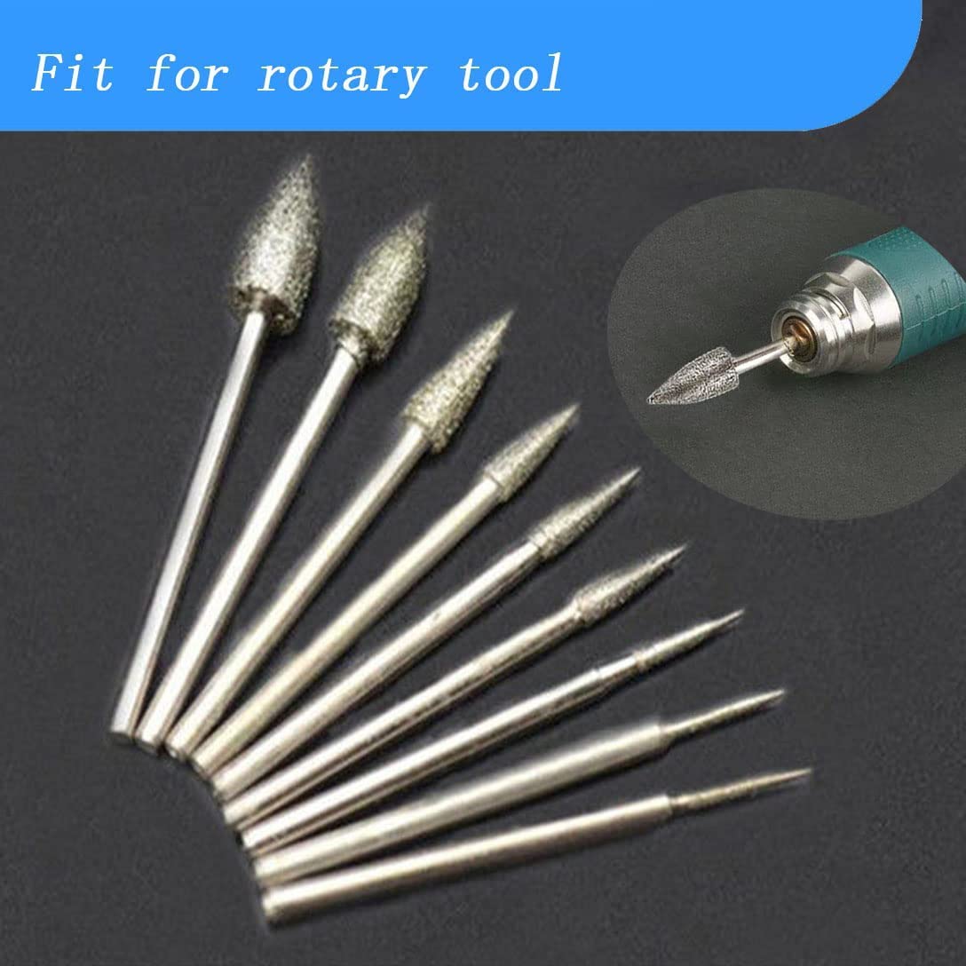 Luo ke 9 Pcs 1mm - 6mm Bullet Shape Diamond Burr - 3/32'' Shank