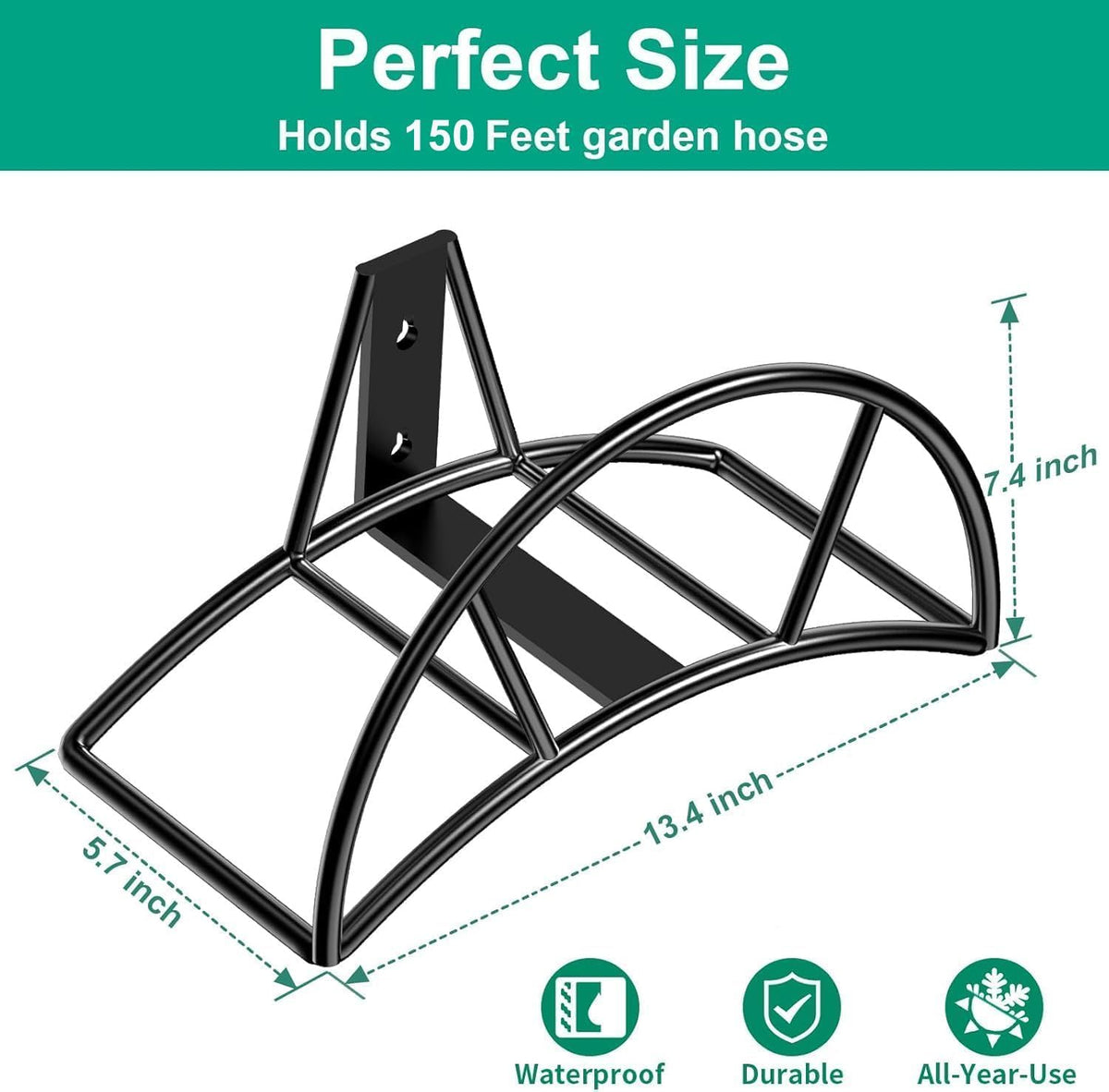 Garden Hose Holder Wall Mount, 150FT Capacity Water Hose Hanger | 7 mm Solid Metal Rod, One-Piece Welded Frame, 110