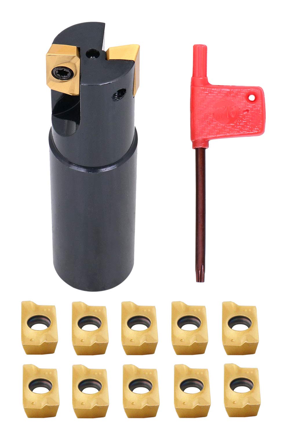 Accusize Industrial Tools 1" 90° Square Shoulder Indexable End Mill w/ 10 add'l APKT1604 Inserts, 1" Shank, 3-3/4" OAL, 0.551" ap, 2 Flutes, APKT1604, Carbide Inserts, 0056-0921+0056-1604