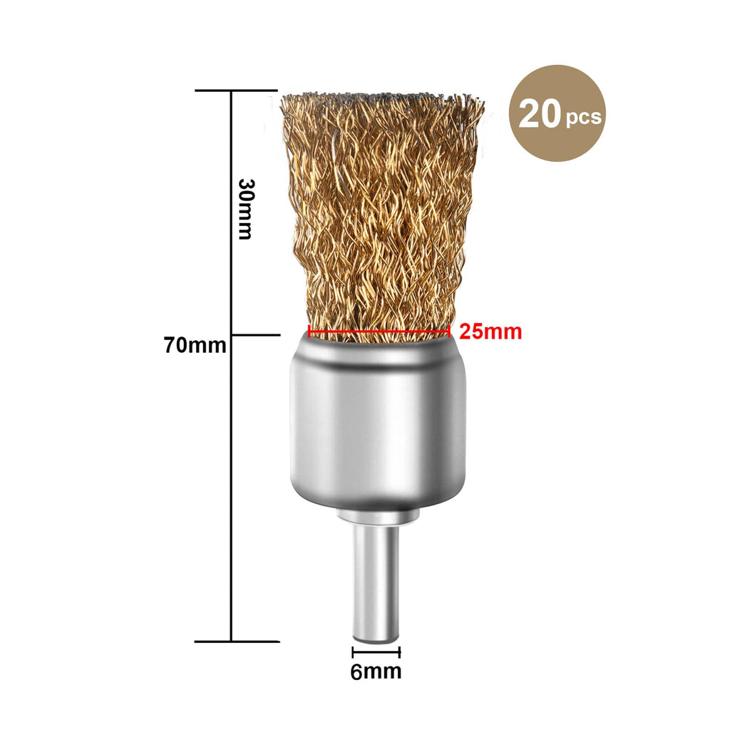 ATOPLEE 20pcs Brass Coated Wire Brush Wheel & Cup Brush Set with 1/4 Inch Round Shank,Diameter 1''(25mm) Crimped Wire Brush Wheel for Rust Removal, Corrosion and Scrub Surfaces,for Drill Attachment