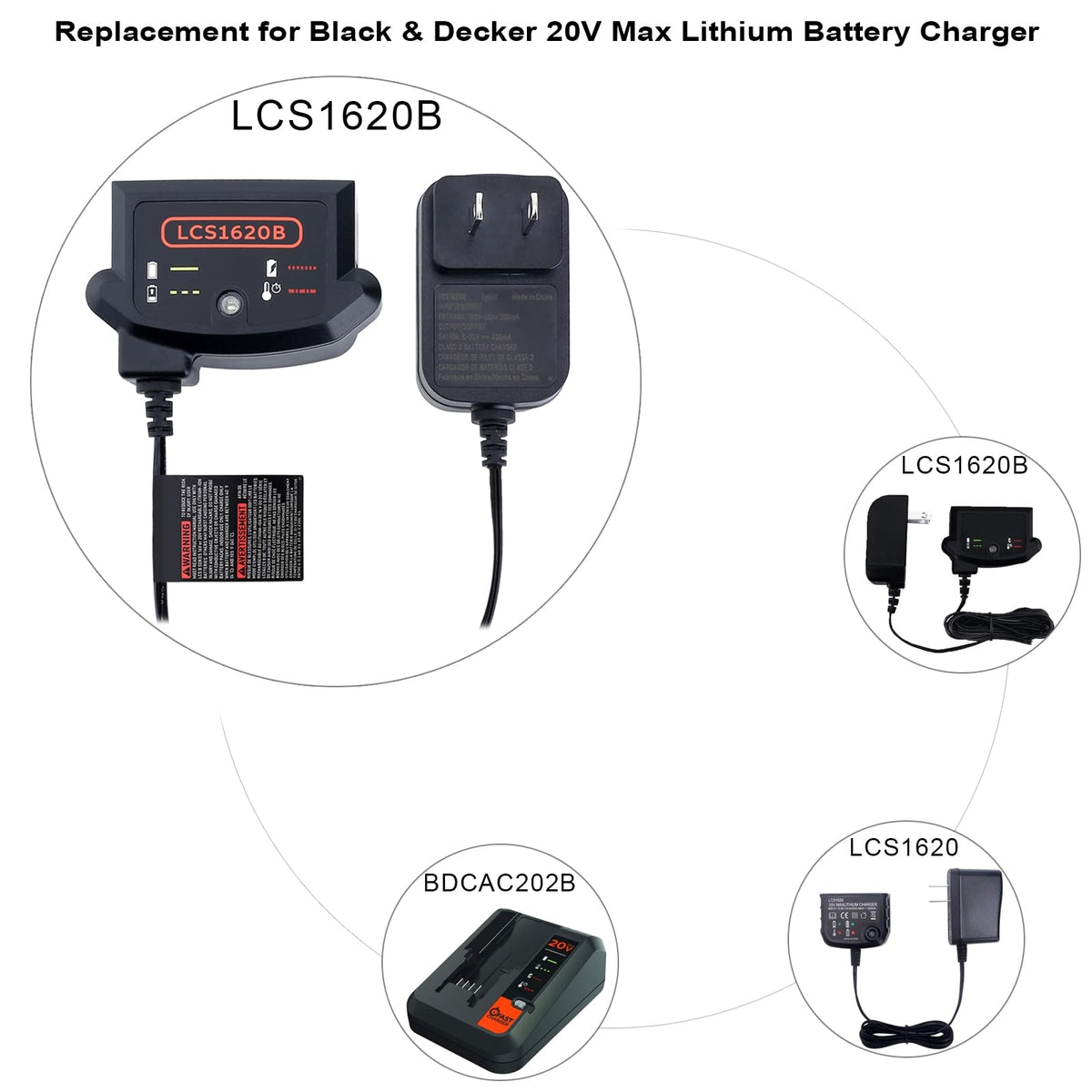 LCS1620B Replacement for Black and Decker 20V Lithium Battery Charger, Compatible with Black and Decker 12V and 20V
