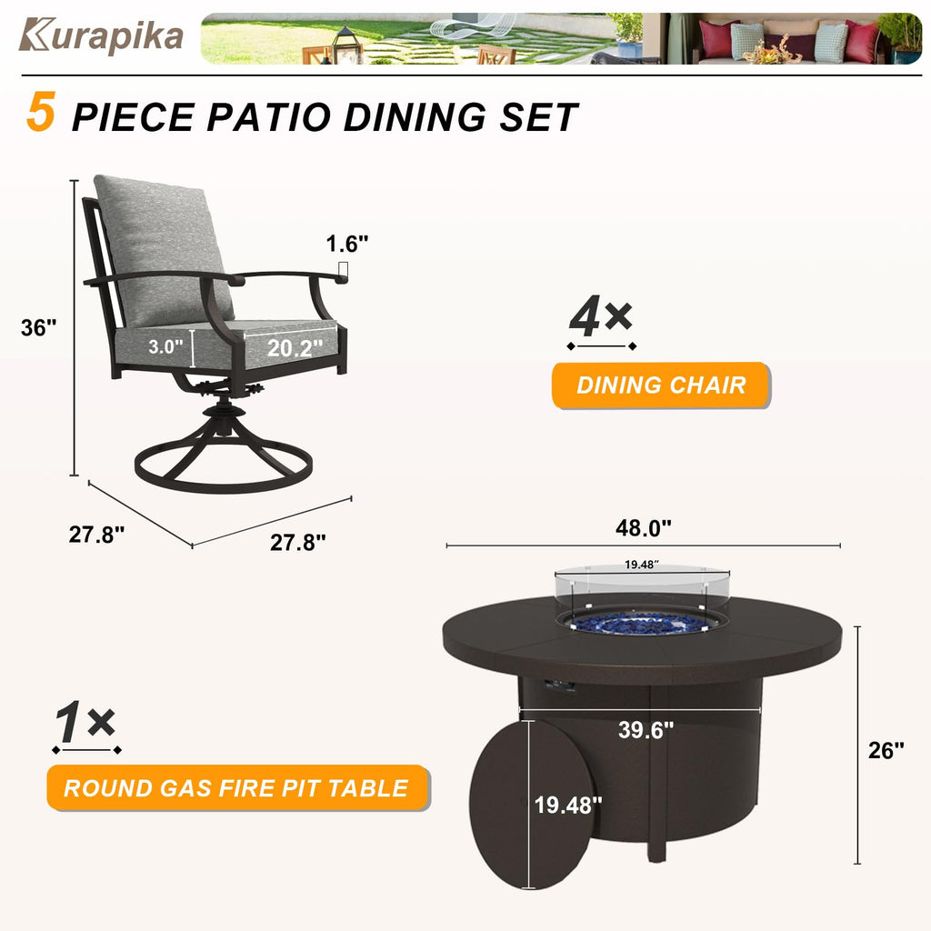 5 Piece Metal Outdoor Patio Furniture Set with Round Fire Pit Table, Patio Conversation Sets 4 Swivel Chairs with