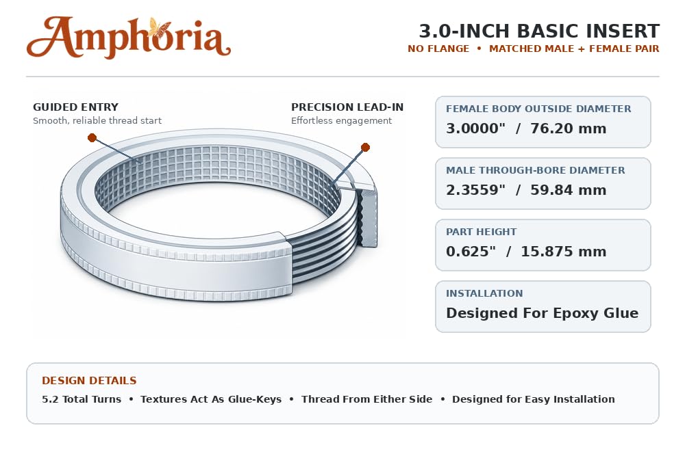 Amphoria Woodturning Threaded Inserts - Polymer (Chocolate, 3.0" (76.2mm))